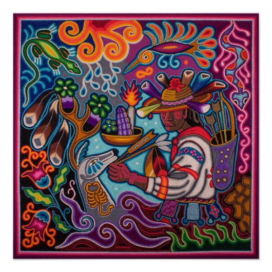 Poster mexicano huichol - Cazador y venado ポスター (正面)