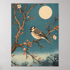 Poster - Moonlit Bird on Blossom Branch ポスター