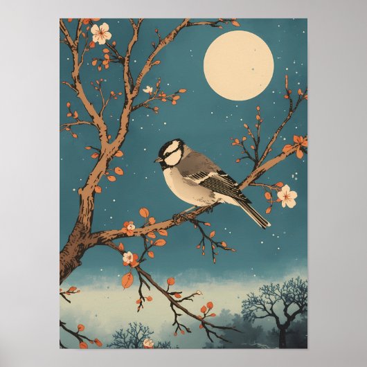 Poster - Moonlit Bird on Blossom Branch ポスター (正面)