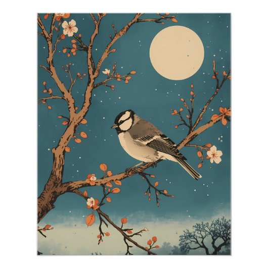 Poster - Moonlit Bird on Blossom Branch ポスター (正面)