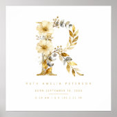 Póster Nursery Cute Romantic Floral R Letter Gold ポスター (正面)