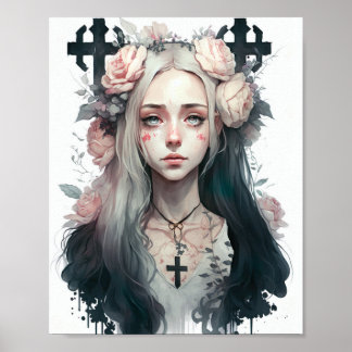 Poster of a Creepy Girl - Gothic Flowers ポスター