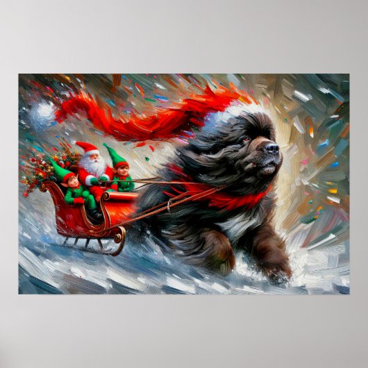 Poster of Newfie Pulling Santa's Sleigh ポスター (正面)