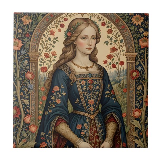 Poster Portrait Dame au jardin moyen-âge renaissan タイル (正面)