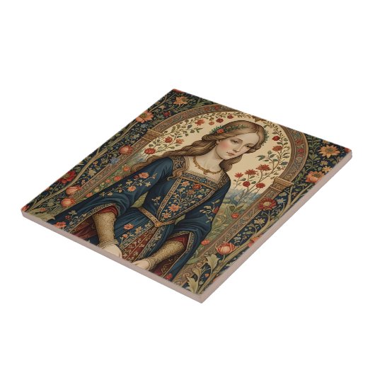 Poster Portrait Dame au jardin moyen-âge renaissan タイル (側面)