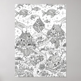 Posters Black and White Whimsical Doodle Art ポスター