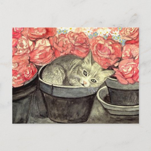 Postkarte Aquarell "Ketzchen im Blumentopf" ポストカード (正面)