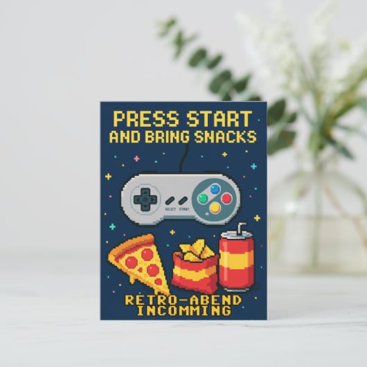 Postkarte Retro Spiele-Abend mit Pizza ポストカード (スタンド正面)