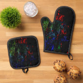 Pot holder and oven mitt dark texture abstract 鍋つかみ&鍋敷きセット (トップダウン)