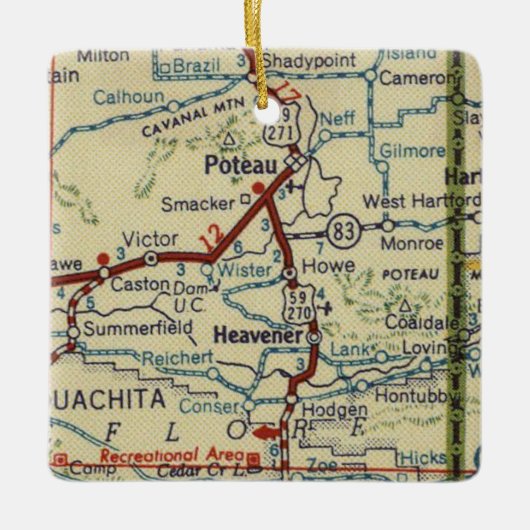 Poteau OKとHeavener Oklahomaの地図 セラミックオーナメント (正面)