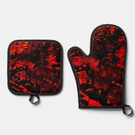 Potholder and oven mitt red texture dark abstract  鍋つかみ&鍋敷きセット