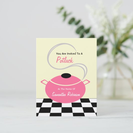 Potluckの招待-白黒及びピンクの台所 招待状 (スタンド正面)