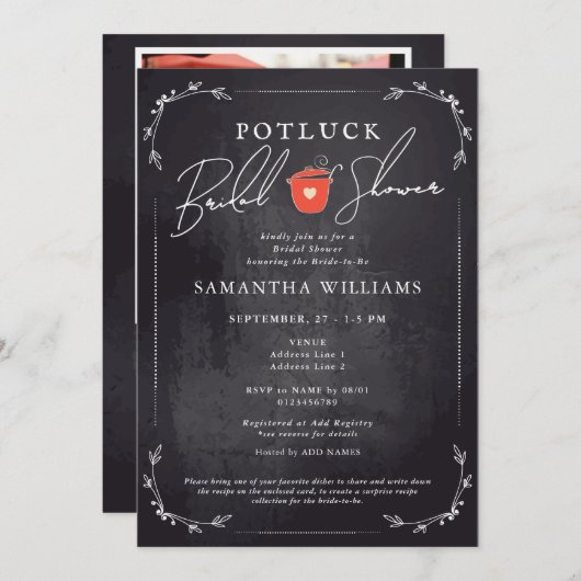 Potluck Black Bridal Shower 招待状 (正面/裏面)