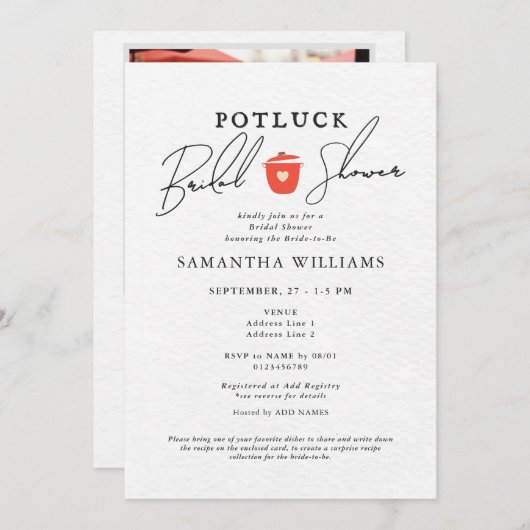 Potluck White Bridal Shower 招待状 (正面/裏面)