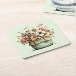 Potted Flowers Cozy Shabby Style Cute スクエアペーパーコースター