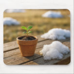 Potted Green Plant with Melting Snow マウスパッド<br><div class="desc">A tiny green sapling is growing in a clay pot,  accompanied by a pile of melting snow on a wooden table</div>