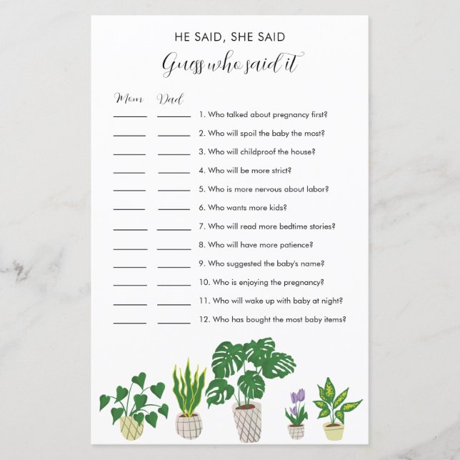 Potted Plants Baby Shower He Said She Said Game (正面)