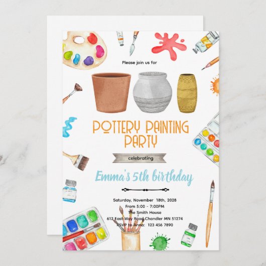 Pottery Painting party theme invitation  招待状 (正面/裏面)
