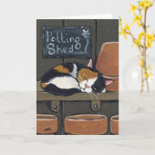 Pottingの小屋の挨拶状の茶色のぶち猫 カード (黄色い花)