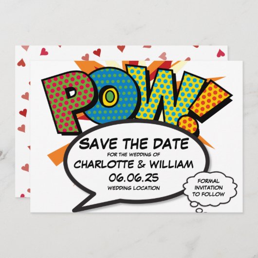 POW日付の保存おもしろいレトロ漫画ブックアーポップ・アートのト 招待状 (正面/裏面)