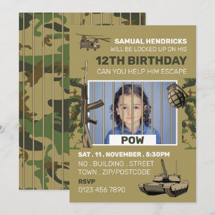 POW(捕虜) 戦争をテーマにした脱出ゲーム、誕生日パーティー 招待状