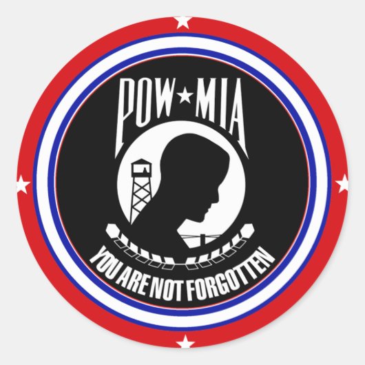 POW MIA – 赤と青 ラウンドシール (正面)