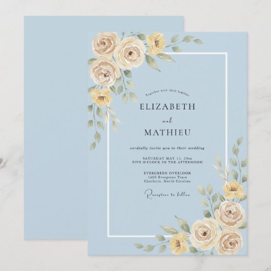 Powder Blue Exquisite Rose Spring Wedding 招待状 (正面/裏面)