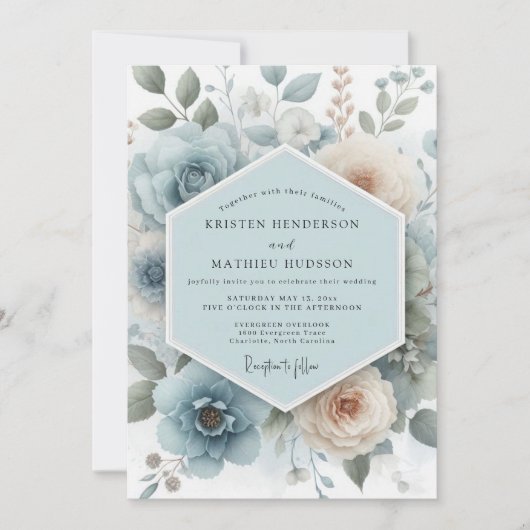 Powder Blue Floral Romance Wedding 招待状 (正面)