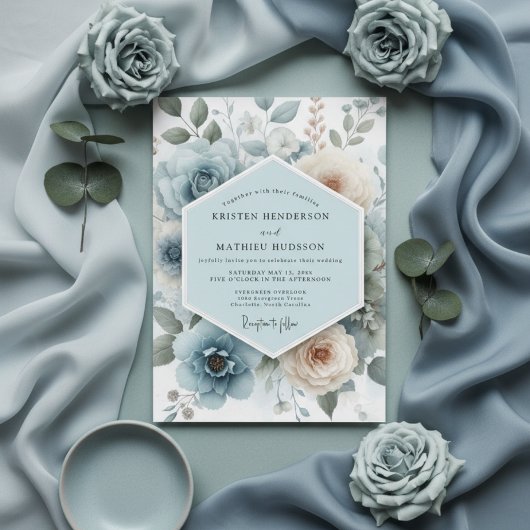 Powder Blue Floral Romance Wedding 招待状