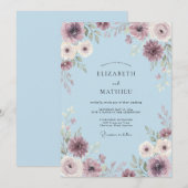 Powder Blue Gentle Botanical Wedding 招待状 (正面/裏面)