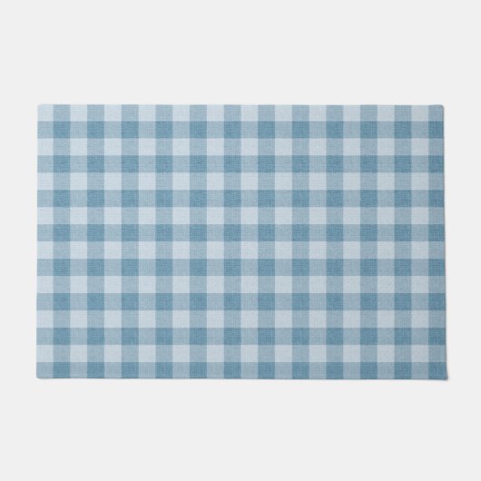 Powder Blue Gingham Buffalo Check Linen Texture ドアマット (正面)
