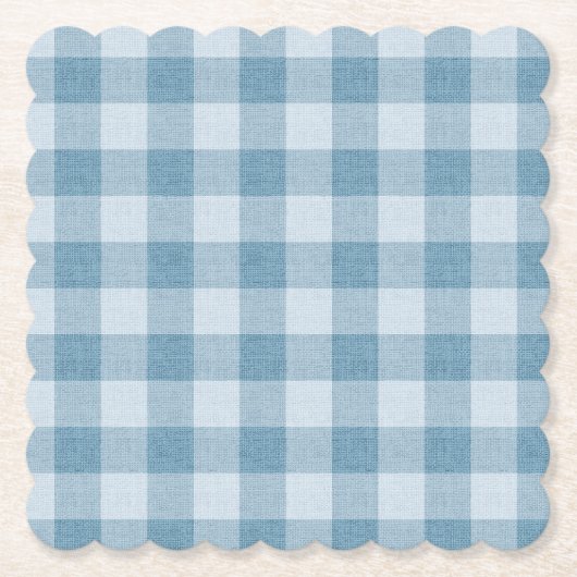 Powder Blue Gingham Buffalo Check Linen Texture ペーパーコースター (正面)