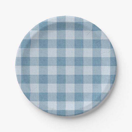 Powder Blue Gingham Buffalo Check Linen Texture ペーパープレート (正面)