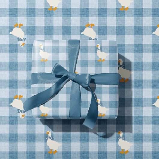 Powder Blue Gingham Goose Baby Shower Buffalo Chec ラッピングペーパー
