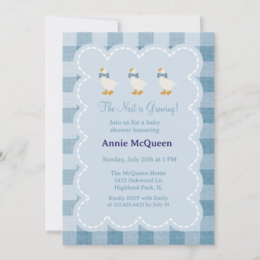 Powder Blue Gingham Goose Baby Shower Invitation 招待状 (正面)