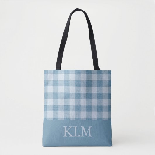 Powder Blue Gingham Monogram Custom Name トートバッグ (正面)