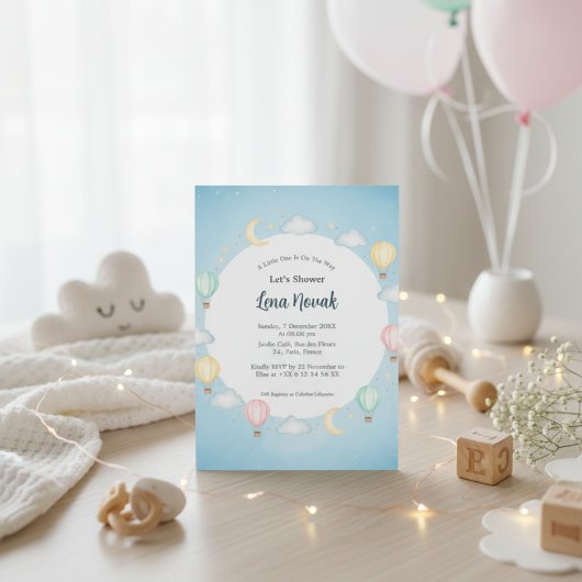 Powder Blue Hot Air Balloon Baby Shower Invitation 招待状