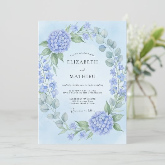 Powder Blue Hydrangea Blossom Wedding 招待状 (スタンド正面)