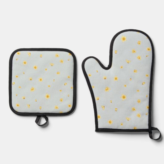 Powder Blue Japanese Wintersweet Floral Pattern 鍋つかみ&鍋敷きセット (正面)