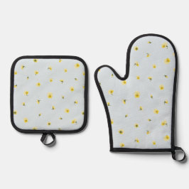 Powder Blue Japanese Yellow Viola Floral Pattern 鍋つかみ&鍋敷きセット
