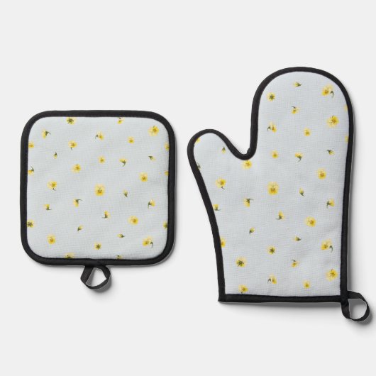 Powder Blue Japanese Yellow Viola Floral Pattern 鍋つかみ&鍋敷きセット (正面)