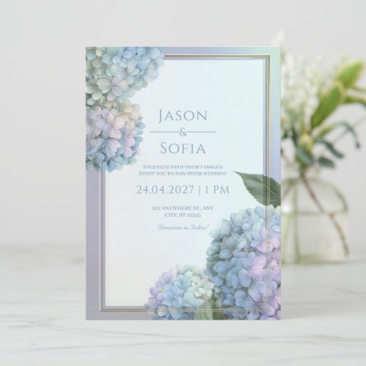 Powder Blue Lavender Hydrangea Gold Frame Wedding 招待状 (スタンド正面)