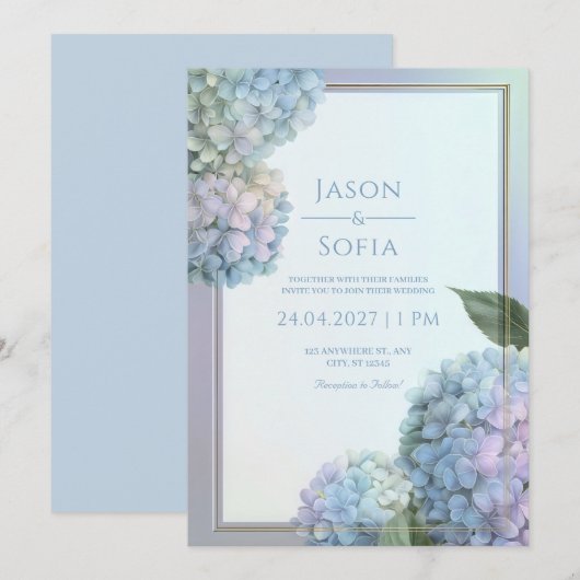 Powder Blue Lavender Hydrangea Gold Frame Wedding 招待状 (正面/裏面)