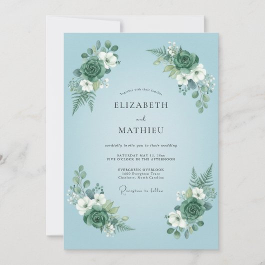 Powder Blue Lush Botanical Wedding 招待状 (正面)