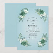 Powder Blue Lush Botanical Wedding 招待状 (正面/裏面)