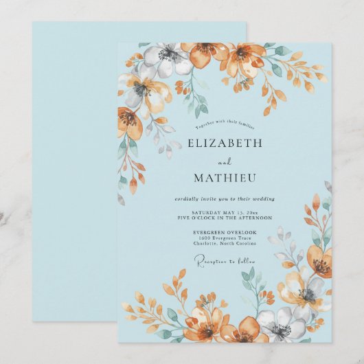 Powder Blue Painterly Summer Wedding 招待状 (正面/裏面)