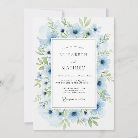 Powder Blue Serene Botanical Wedding 招待状 (正面)