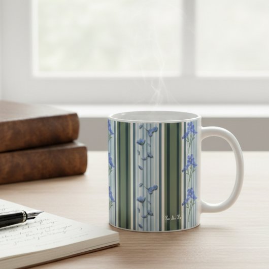 Powder Blue Teal Striped Floral Mug コーヒーマグカップ