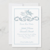 Powder Blue Toile de Jouy Cherub Save the Date Car セーブザデート (正面)