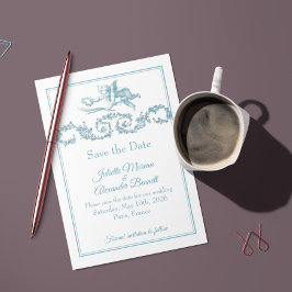 Powder Blue Toile de Jouy Cherub Save the Date Car セーブザデート